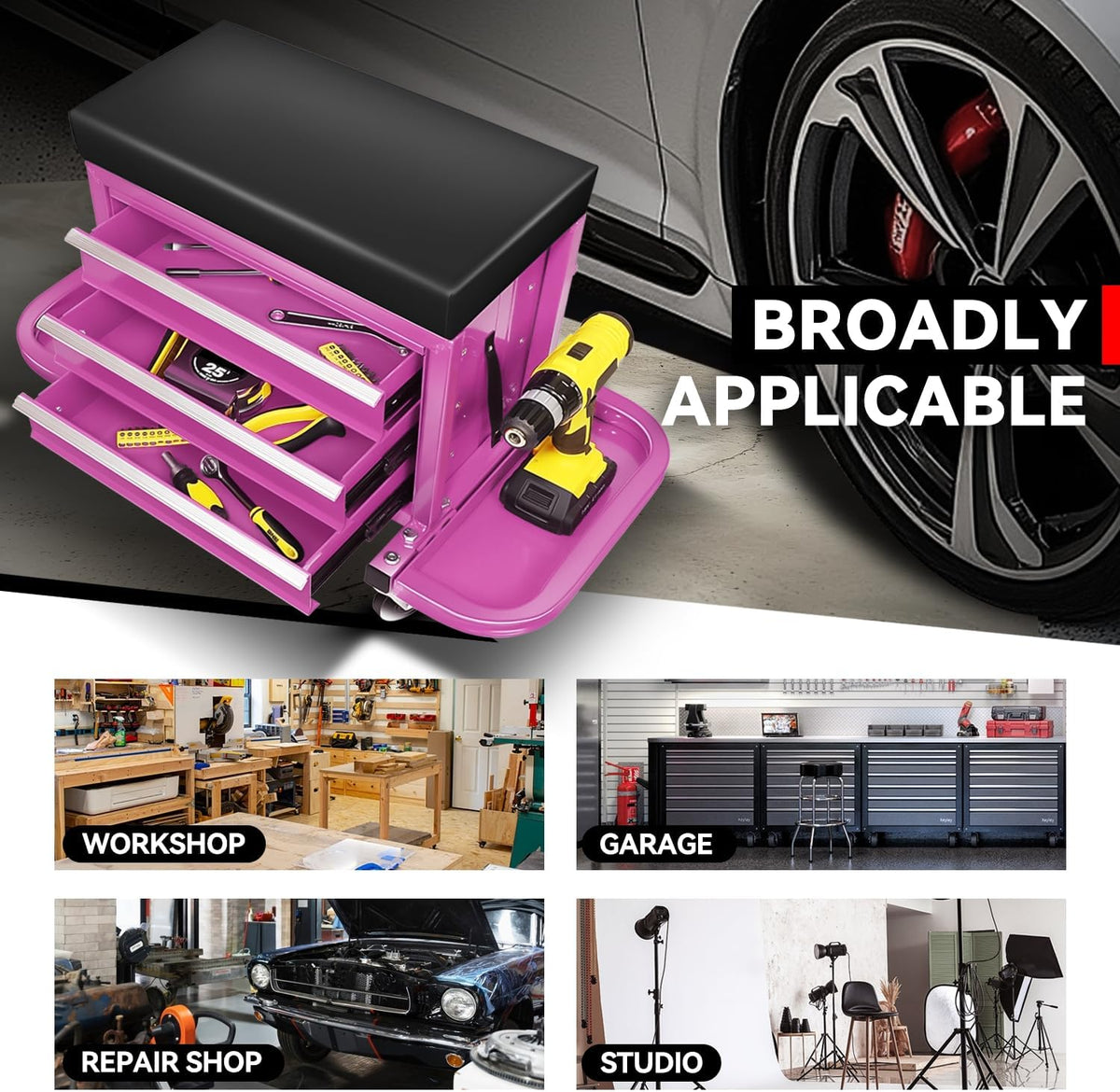 Auto Dynasty 3-Drawer Mechanic Rolling Seat, 350 LBS Capacity Roller Garage Shop Seat with Storage Tool Tray for Workshop, Repair Shop, Warehouse, Purple