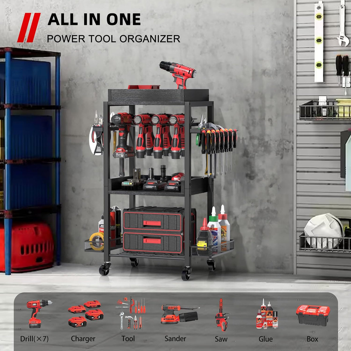 DEWALT Power Tool Organizer - Garage Storage Shelving with Rolling Cart & Open Tool Chest Cabinet Box Organizer with Wheels - Workshop & Gift Ideas for Men, Dad