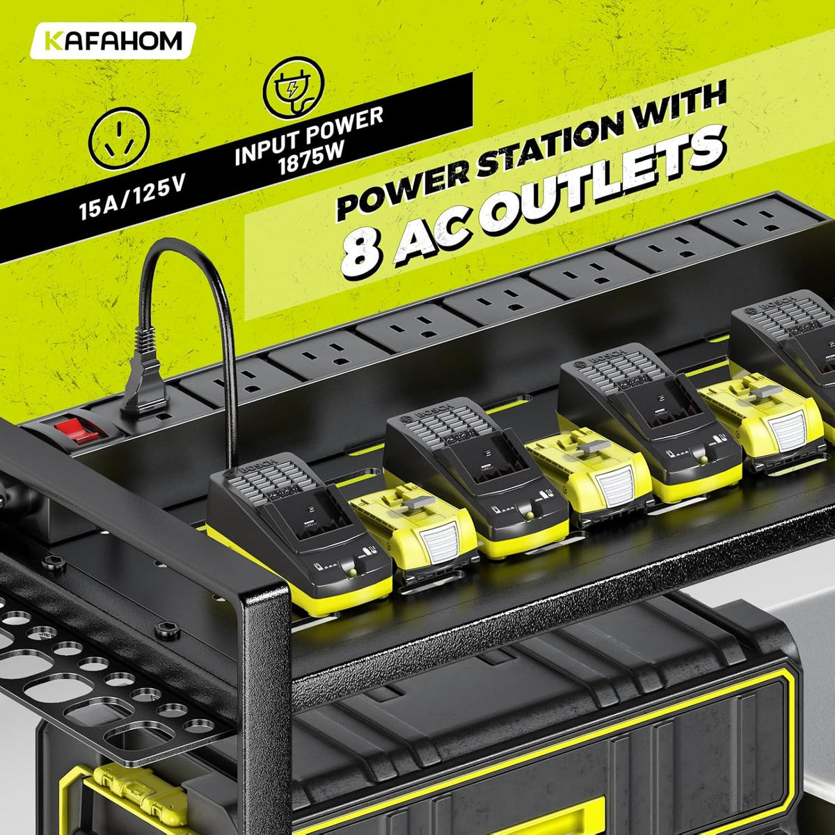 KAFAHOM Power Tool Organizer with Charging Station. 8 Drill Holder 3 Layers Tool Storage Shelf Wall Mount Built in 8 Outlet Power Strip.Tool Battery Holder with Screwdriver/Hammer