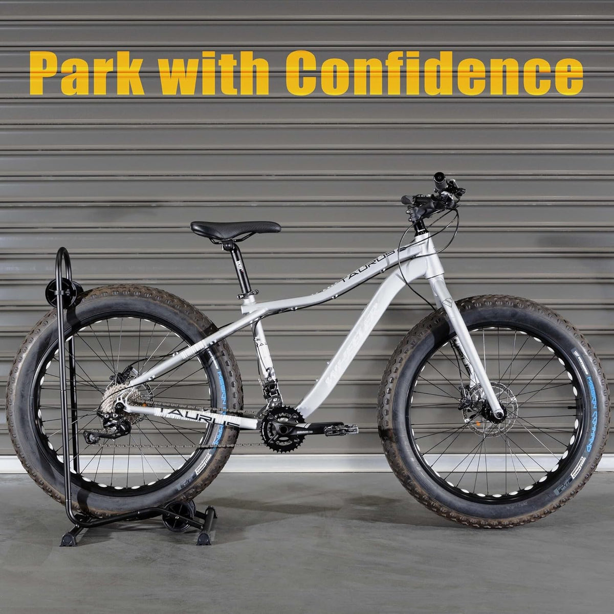 CyclingDeal Fat Snow Bike Floor Stand Parking Rack - for 24"-29" MTB Mountain & Road Bikes with Tire Width up to 5" - Bicycle Indoor Outdoor Garage Storage