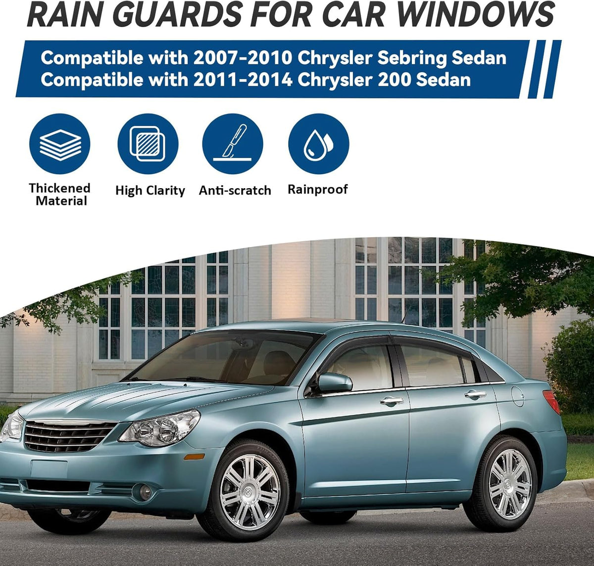 4pcs Front+Rear Smoke Tint Sun/Rain Guard Outside Mount Tape-On Vent Window Visors Compatible with 07-10 Sebring 11-14 200 Sedan