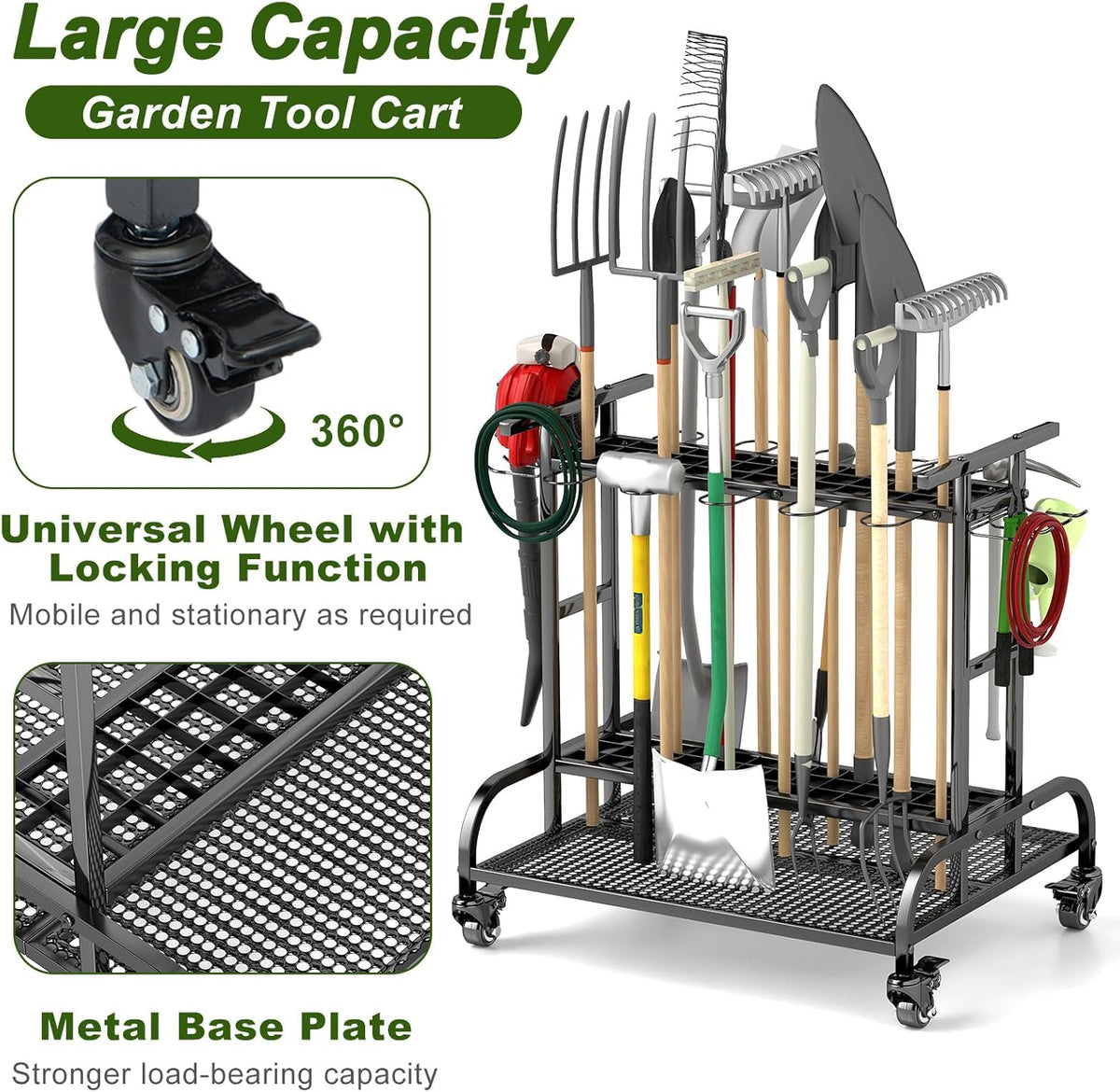 Garden Tool Organizer with Wheels, Large Capacity Garage Tool Rack with Hooks, for Broom, Shovel, Long Handled Tools, Metal Yard Tool Organizer for Garage, Shed, Outdoor