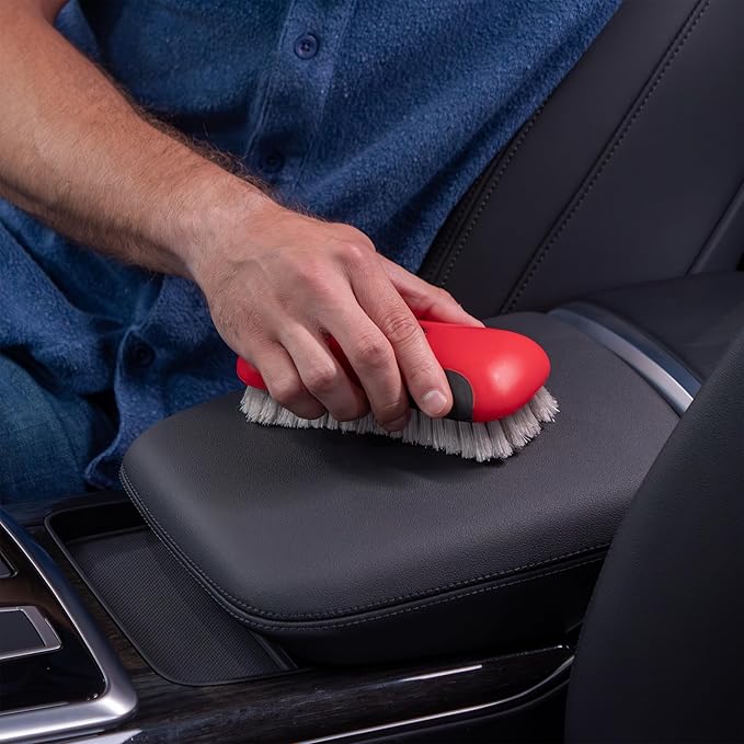 Mothers Soft Bristle Leather and Upholstery Car Cleaning Scrub Brush for Automotive, Home, Couch, Stain Remover, Red
