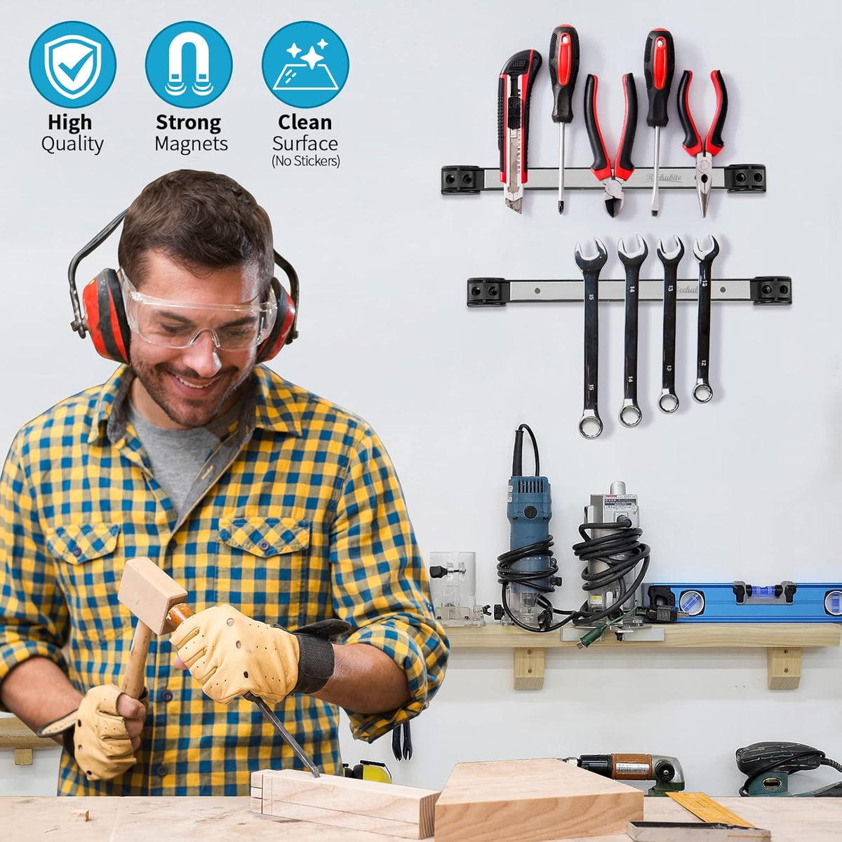 6 Pieces 12" Magnetic Tool Holder Strip, Stainless Steel Surface Tool Magnet Bar, Metal Tool Organizer Rack for Garage Organization, Easy To Install in Workshop, Mounting Screws Included