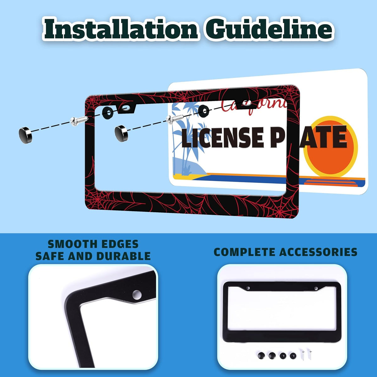 Red Spider Web License Plate Frame Funny Cobweb Stainless Steel License Plate Holder for Front or Rear Car Tags for Car Decoration Accessories with Screws 6.3 X 12.2 in for Women Men