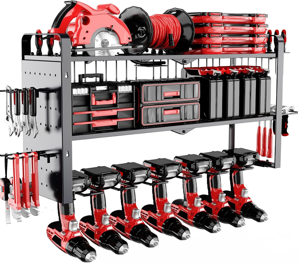 Power Tool Organizer Wall Mount - Pegboard with 7 Drill Holder - Heavy Duty Metal Tool Shelf for Garage Organization