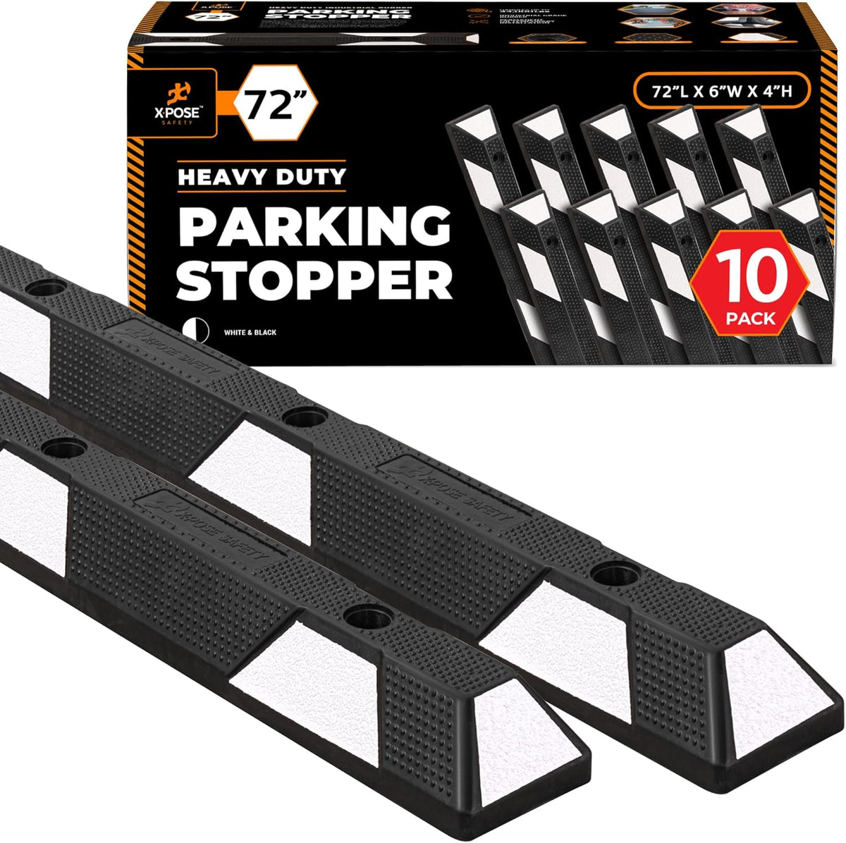 Xpose Safety 72" Heavy Duty Rubber Parking Stopper – 10 Pack Wheel Blocks for Garage, Driveway, or Ramp – Car Bumper Stop with White Reflective Strips – Removable Floor Mount