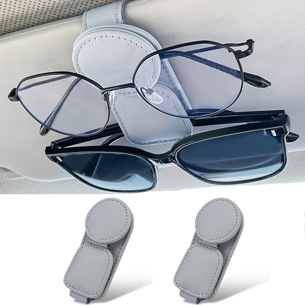 KIWEN 2 Pack Sunglasses Holder for Car Visor, Magnetic Leather Sunglass Eyeglass Hanger Clip for Car Sun Visor Accessories (2, Gray)
