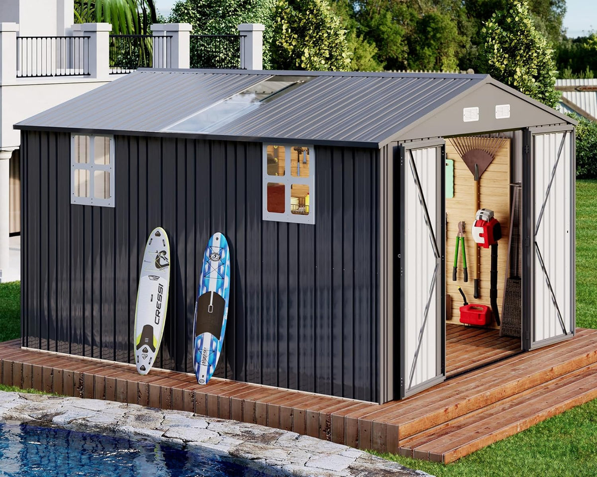 AMERLIFE 10.1x11.5x7.4 FT Galvanized Steel Storage Shed with Dual Transparent Panels, 2 4-Pane Windows & Hinged Double Doors, Outdoor Shed for Backyard, Patio, Garden, Dark Grey