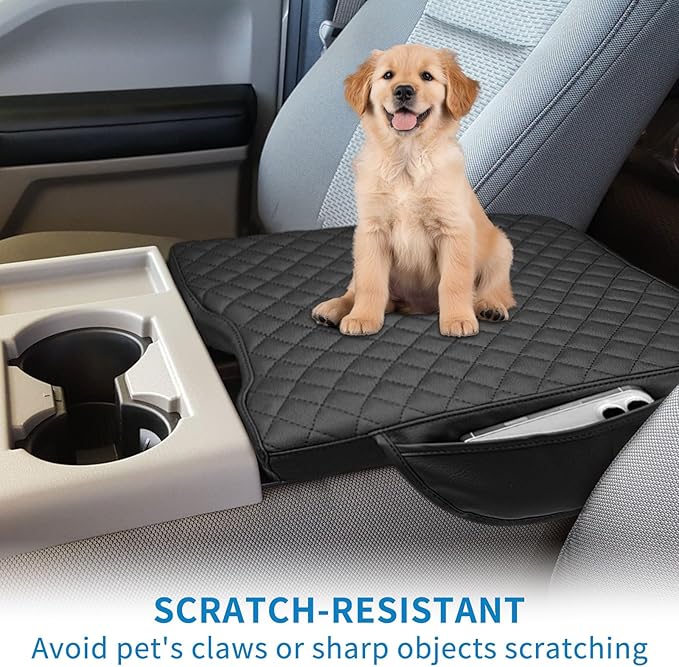 Xaido Center Console Cover Compatible with 2015-2024 2025 Ford F150 & 2017-2025 F250 F350 F450 with 40/20/40 Jump Seat, Leather Armrest Protector Pad with Side Pockets (Jump Seat Only)