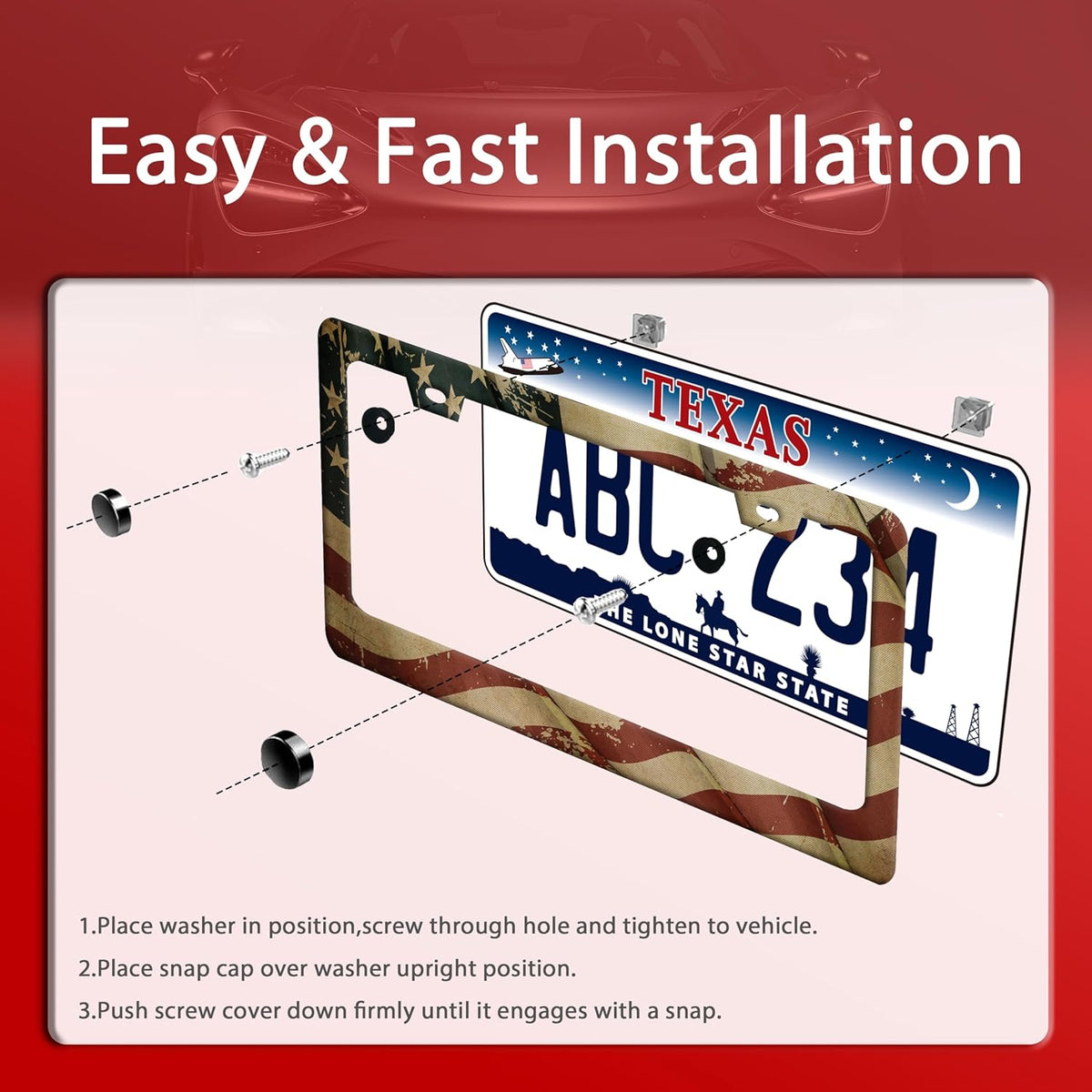 Vintage American Flag License Plate Frame Usa Flag License Plate Frames Funny Stainless Steel Accessories Cars Decor With 2 Holes Screws Fits Standard Us Ca Vehicles License Plate Holder 12.2 X 6 Inch