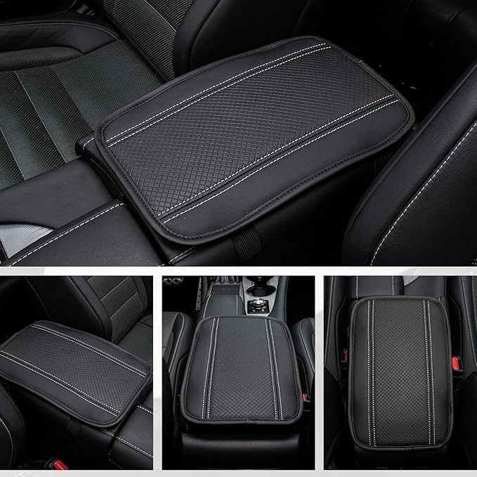 Amiss Car Center Console Pad, Universal Waterproof Car Armrest Seat Box Cover, PU Leather Auto Armrest Cover Protector，Vehicle Interior Accessories fits SUV/Truck/Car (Black-Silvery)