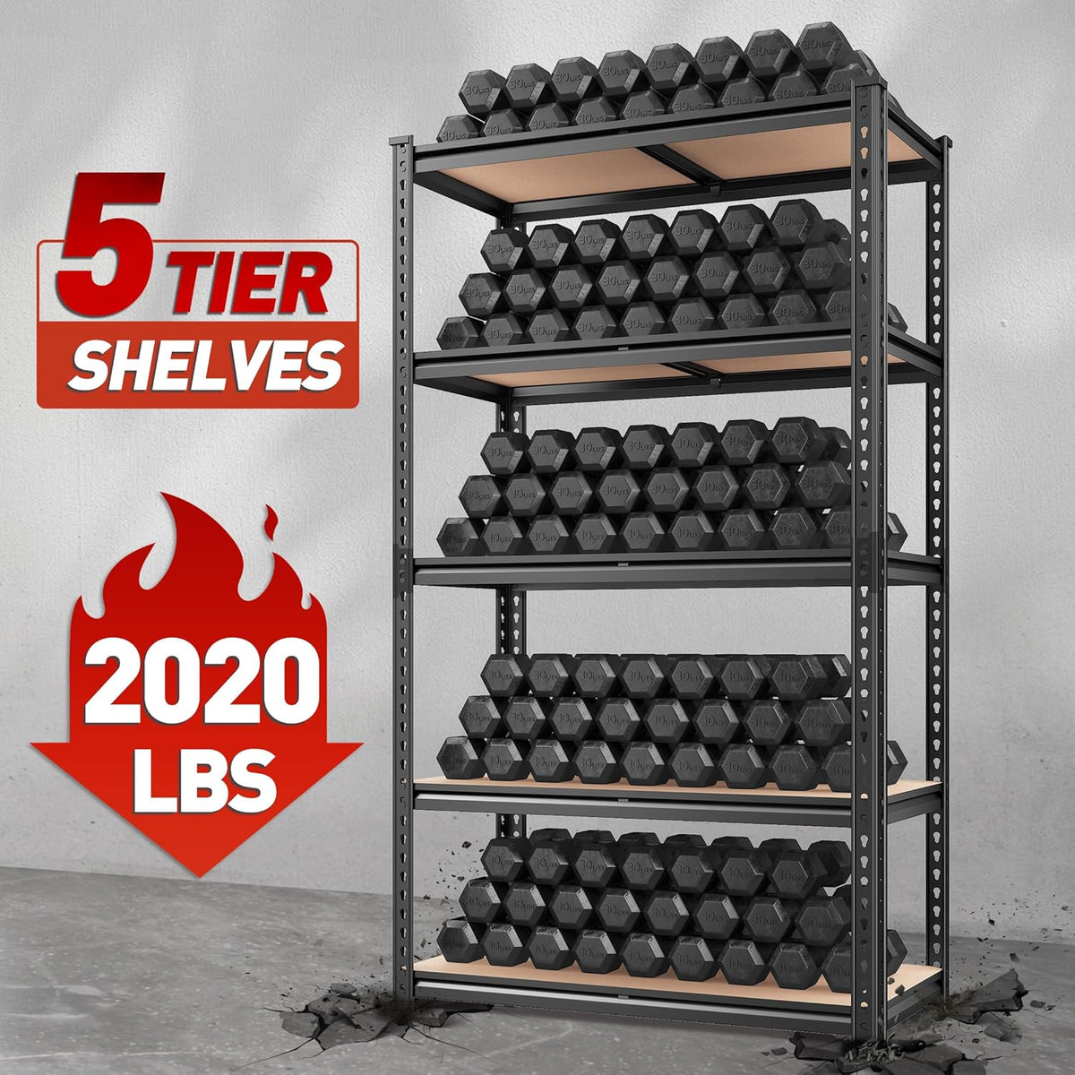 REIBII 2020LBS Storage Shelves 5 Tier Garage Shelving Heavy Duty, Adjustable Metal Shelving Unit, Garage Shelves for Basement Warehouse Pantry, 72" H x 35.55" W x 16" D, Black, 2 Pack