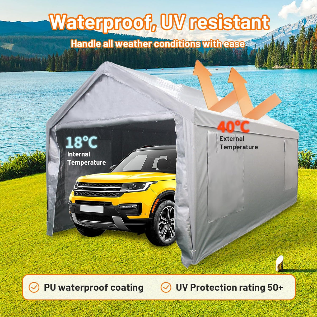 Auraway Carport 12'x20' All-Season Portable Garage Carport, Heavy-Duty Canopywith Roll-Up Vent Windows, Front and Rear Zip Doors, Sandbags, for Cars, Motorcycles and Outdoor Storage (Grey)