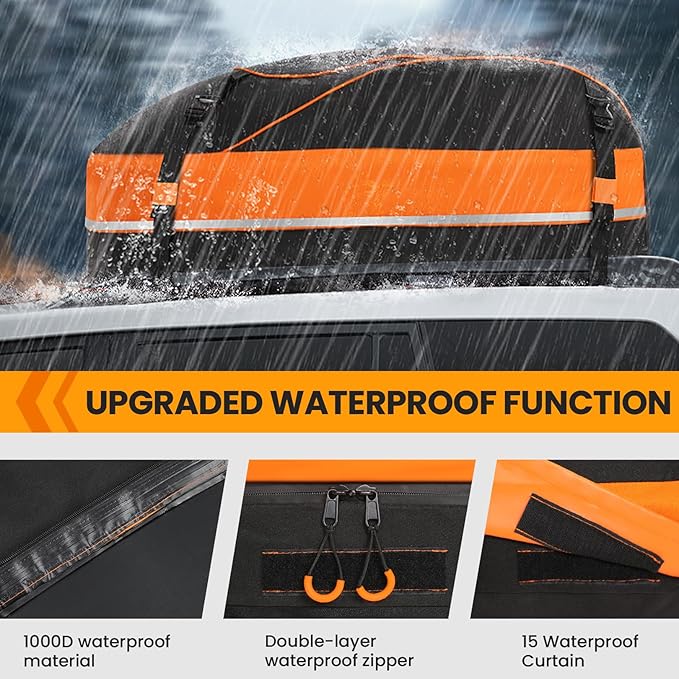 Sailnovo Rooftop Cargo Carrier, 15 Cubic Waterproof Soft-Shell Car Roof Cargo Carrier for Top of Vehicle with/Without Roof Rack, Car Top Carrier with Anti-Slip Mat, Safety Hooks & Storage Bag