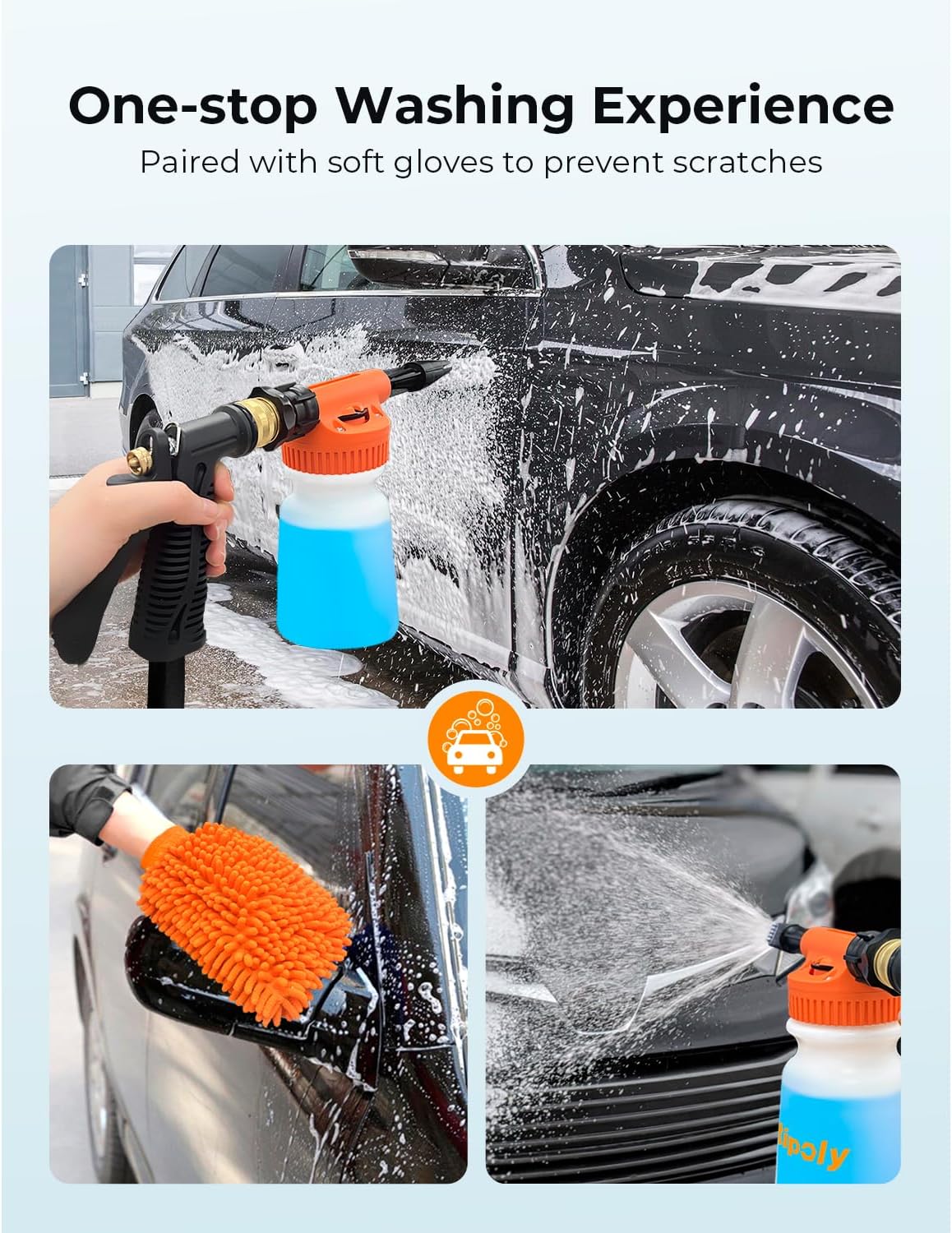 Car Wash Foam Gun + Microfiber Wash Mitt - Car Foam Sprayer - Foam Cannon for Hose - Spray Foam Gun Cleaner - Snow Foam Blaster for Cars, Boats, RVs, Foam Cannon Connects to Any Garden Hose