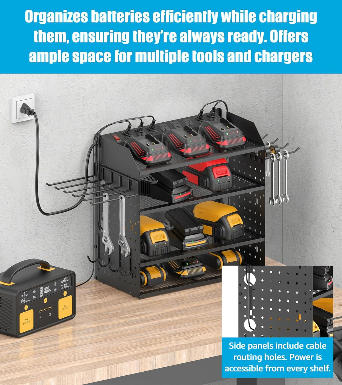 CCCEI Modular Desk Power Tools Organizer with Charging Station, 4 Layer Drills Battery Storage Wall Mount, Garage Shop Organization, Anniversary, Birthday, Gifts for Men, Father, Black, 6FT Cord.