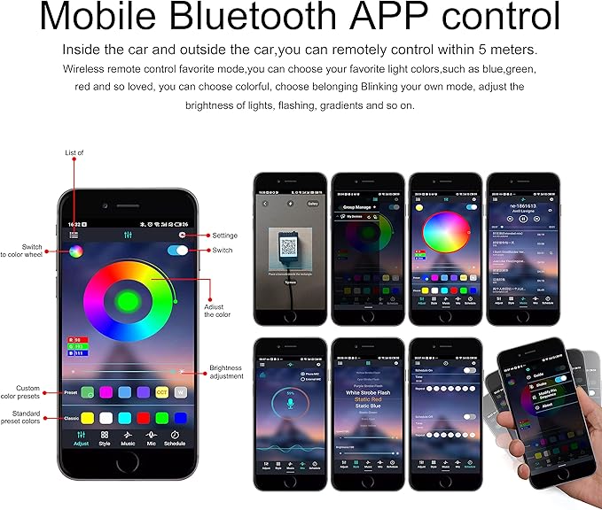 64 Colors Car Ambient Lighting Fiber Optic APP Control Multicoloured Music Car Atmosphere Decorative Lighting Kit 1W DC 12V-24V 3m