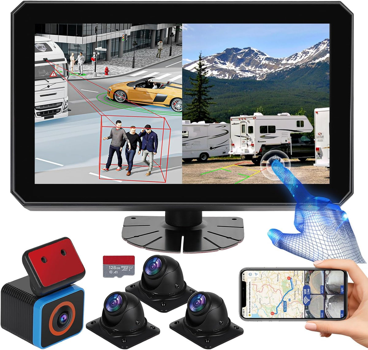 6CH RV Camera System 4G WiFi Live View GPS Tracking 10.1" AI Touch Screen Monitor with 4 Pieces 1080P Waterproof Night Vision Front Side Backup Camera Sentry Mode Blind Spot Pedestrian Detection