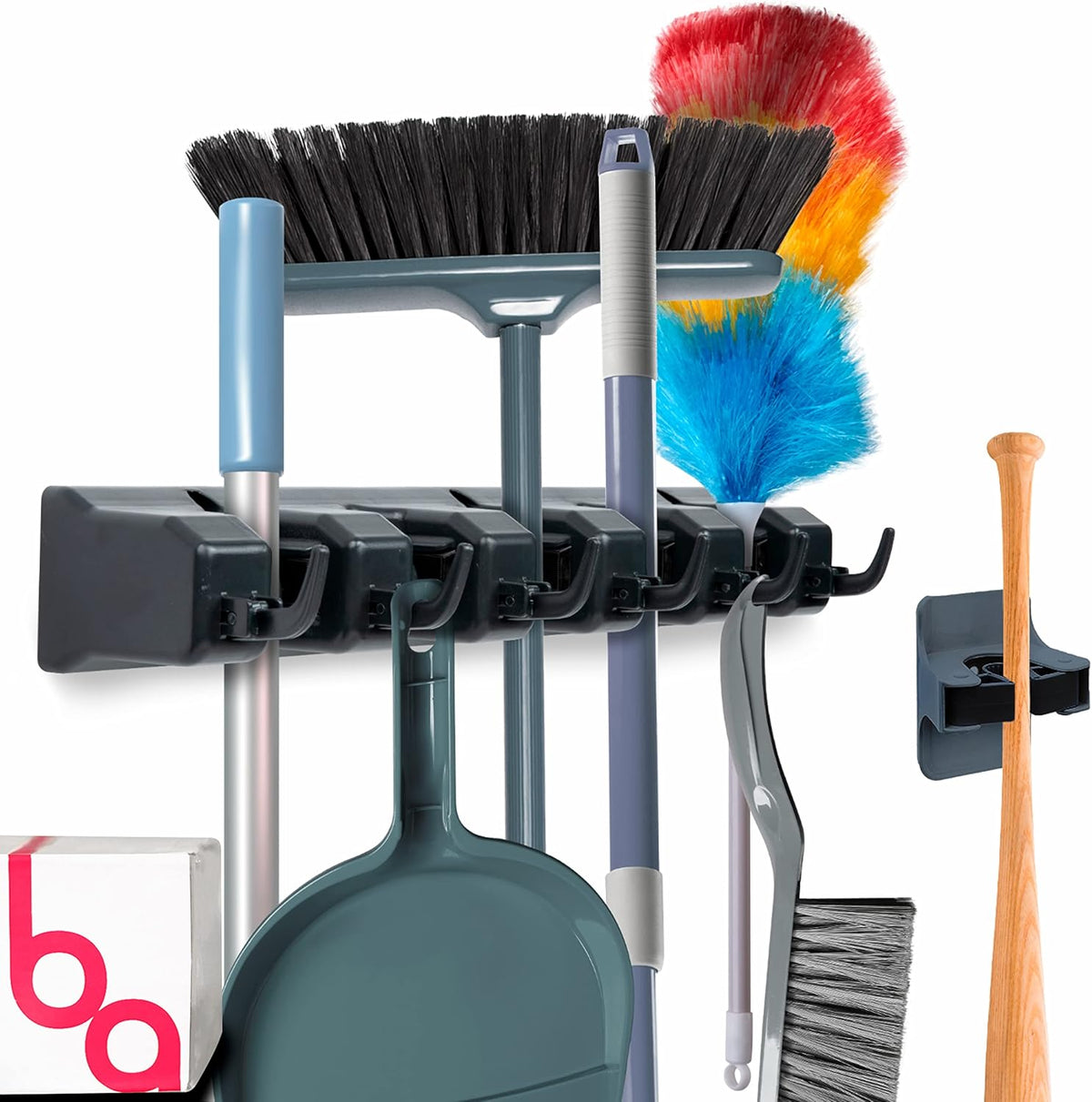 Combo 5 Slot Broom Holder w/ 1 Self Adhesive Mop Gripper No-Drilling, Wall Mount Tool Organizers For Kitchen, Garage, Laundry Room- Anti-Slip Hanger For Brooms, Mops, Rakes, Dustpans (Black / Black)
