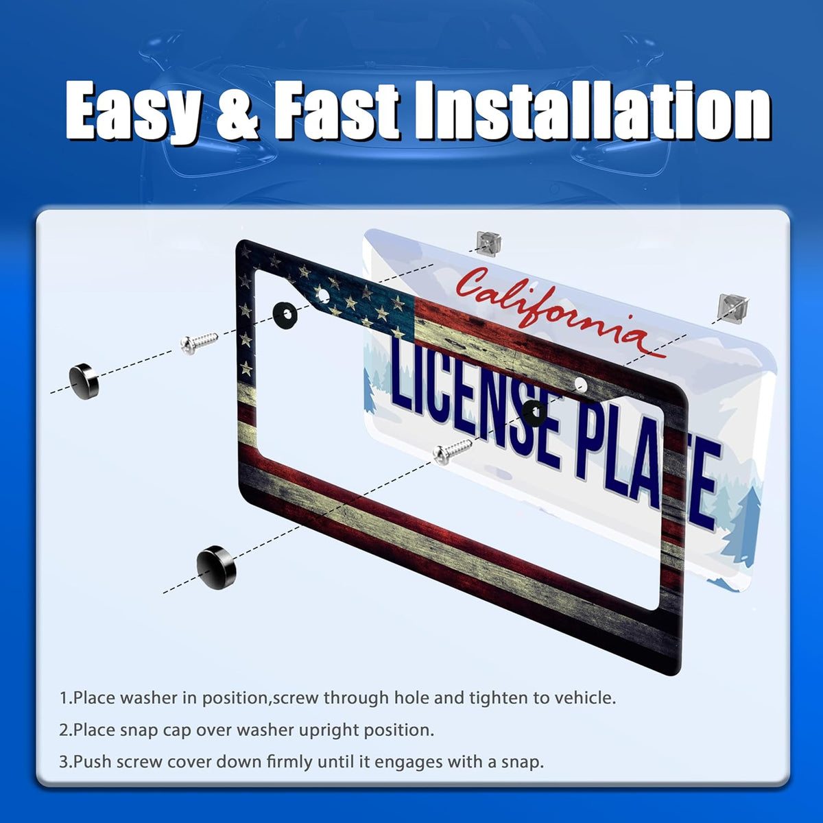American Flag License Plate Frame Vintage USA Flag License Plate Stainless Steel Funny License Plate Holder Patriotic Car Accessories Decoration with Screws Fits Standard Vehicles Size 12.3" x 6.3"