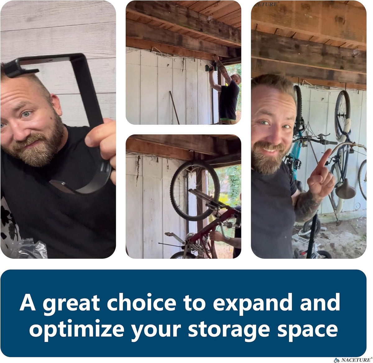 Bike Hooks for Garage Ceiling Mount Rack – Heavy Duty 4X8 Overhead Garage Storage Rack for Ceiling Hanging Bicycle Shelves, Add on Storage Flat Hooks Accessory and Wall Hanger (Flat Hook 4 Pack)