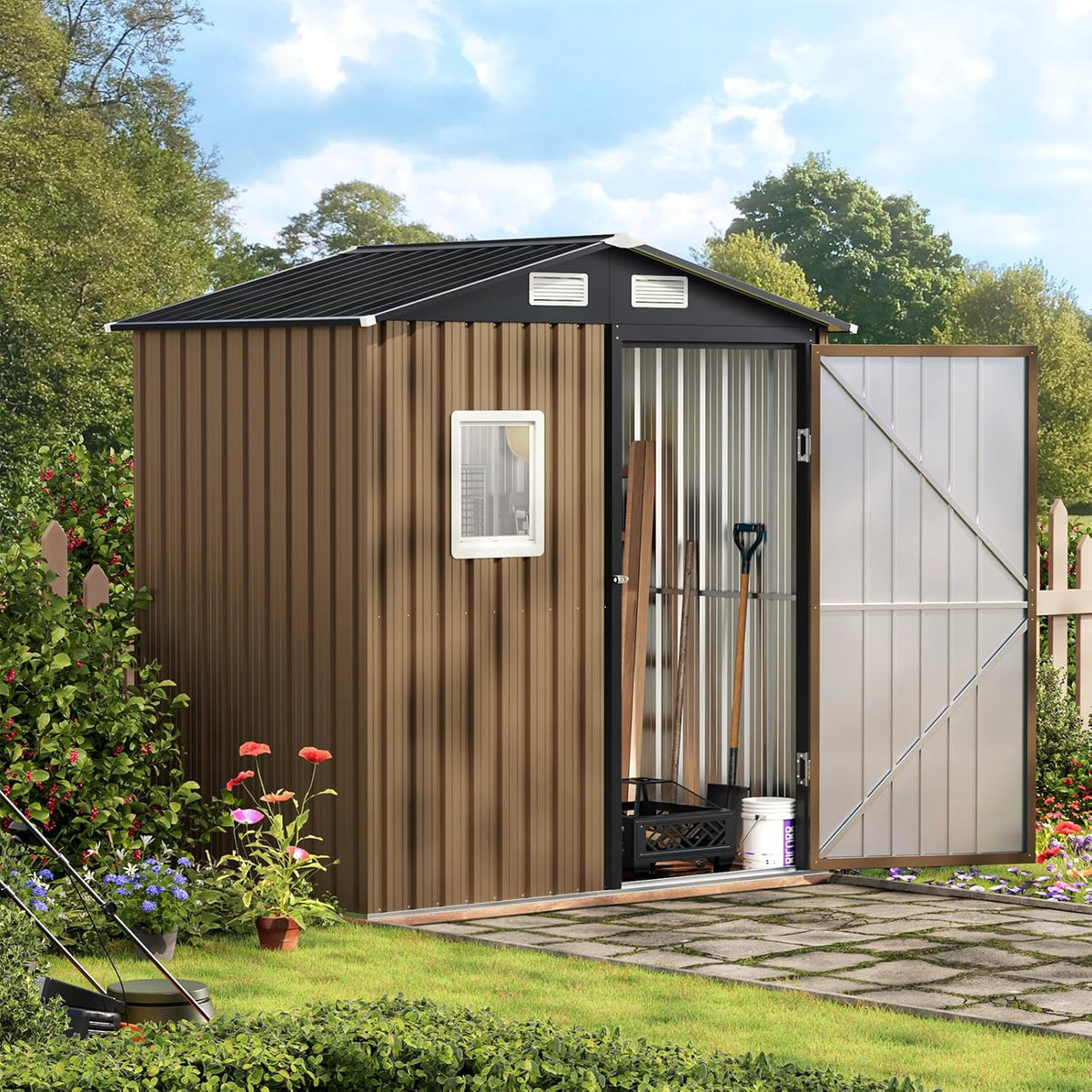 6X4FT Outdoor Steel Storage Shed with Lockable Doors, One Window,Ideal for Garden, Backyard, Patio Storage,Brown