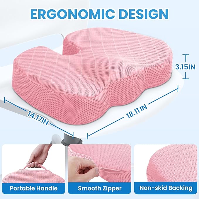 TushGuard Office/Car Seat Cushion, Non-Slip Sciatica & Back Coccyx Tailbone Pain Relief Chair Pad, Memory Foam Butt Pillow for Computer Desk, Wheelchair, Driving (Pink)