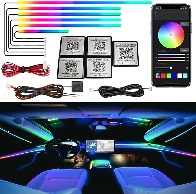 Dreamcolor Acrylic Interior Car LED Strip Light, RGB 6 in 1 Fiber Optic Ambient Lighting Kits, 16 Million Colors Sound Active Function Car Neon Lights with Wireless APP