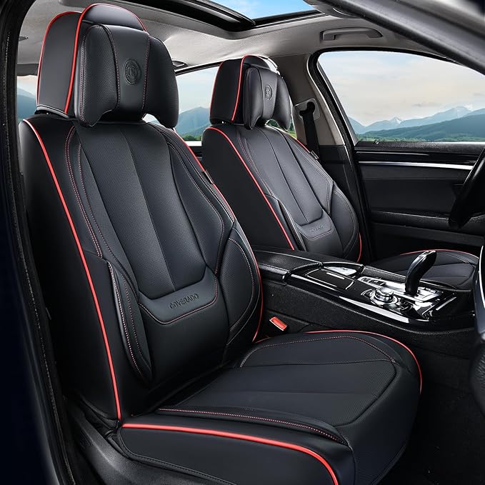 Coverado Universal Seat Covers Full Set, 5 Seats Universal Seat Covers for Cars, Waterproof Nappa Leather Car Seat Covers with Head Pillow, Auto Protectors Fit for Most Pick-up Truck, Black&Redline