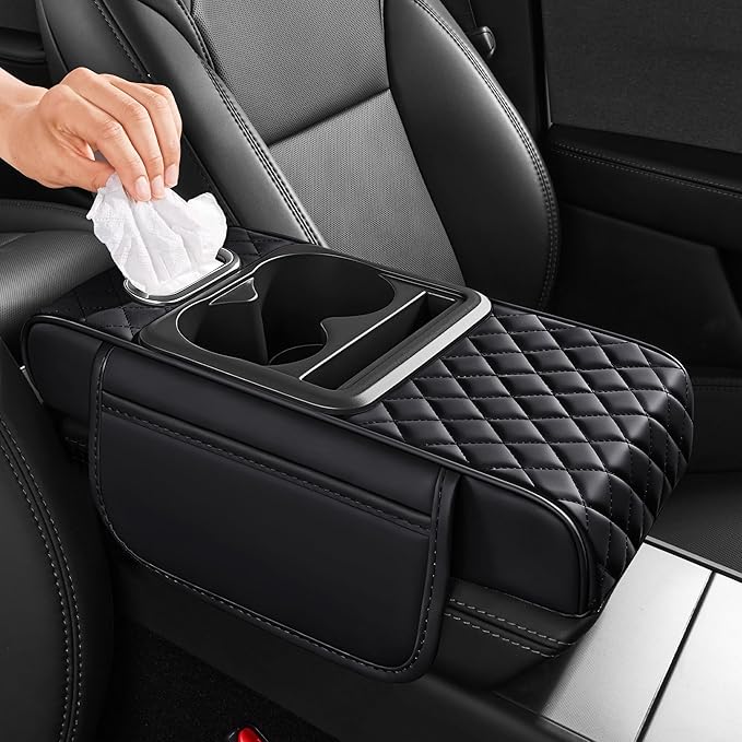 5 in 1 Car Center Console Cover, Armrest Pad with 2 Storage Pockets, Cup Holder, Tissue Box Slot, Phone Holder, Universal Car Interior Organizer (Black)