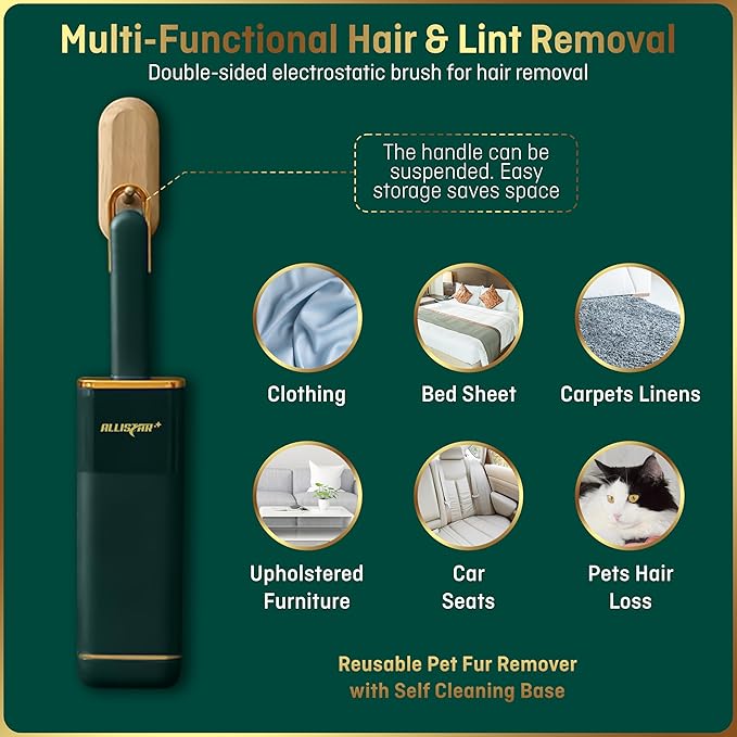 Pet Hair Remover, Lint Remover, Lint Brush for Clothes, Furniture, Carpets, Car Seats. Cat Hair Remover. Dog Hair Remover Laundry. Double-Sided. Reusable. Self-Cleaning Base. ALLISTAR (Forest Green)