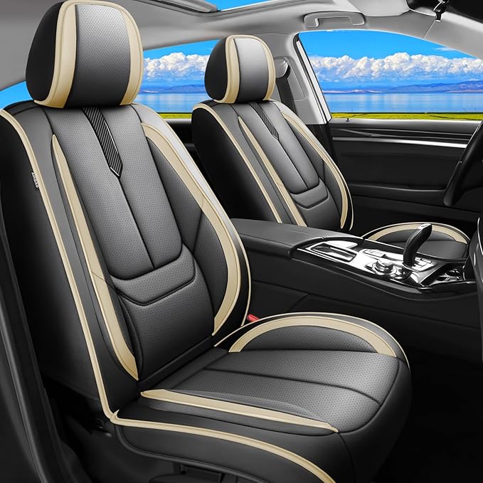 Fit Avalon Car Seat Covers for Toyota Avalon 2001-2024 2025 2026 -Upgraded Premium Waterproof & Breathable Leather,Airbag Compatible,All-Weather Seat Cushion Protector,2 Front/Black-Beige