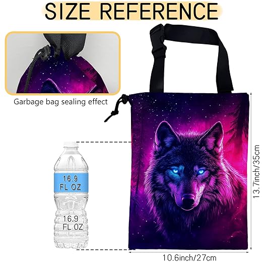 Wolf Car Garbage Bag,Glowing Wolf on Starry Night Small Car Trash Bag Hanging,Drawstring Car Garbage Bag with Adjustable Buckle for Car Back Seat,SUVs,Camping,Road Trips