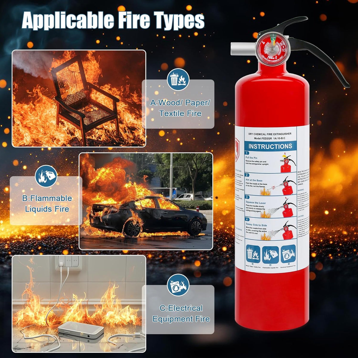 1 Pack ABC Dry Chemical Fire Extinguisher, 2.5 lb 1A:10B:C Rating for Home, Car, Boat, Quick Release Handle, Compact & Portable Dry Powder extinguishers