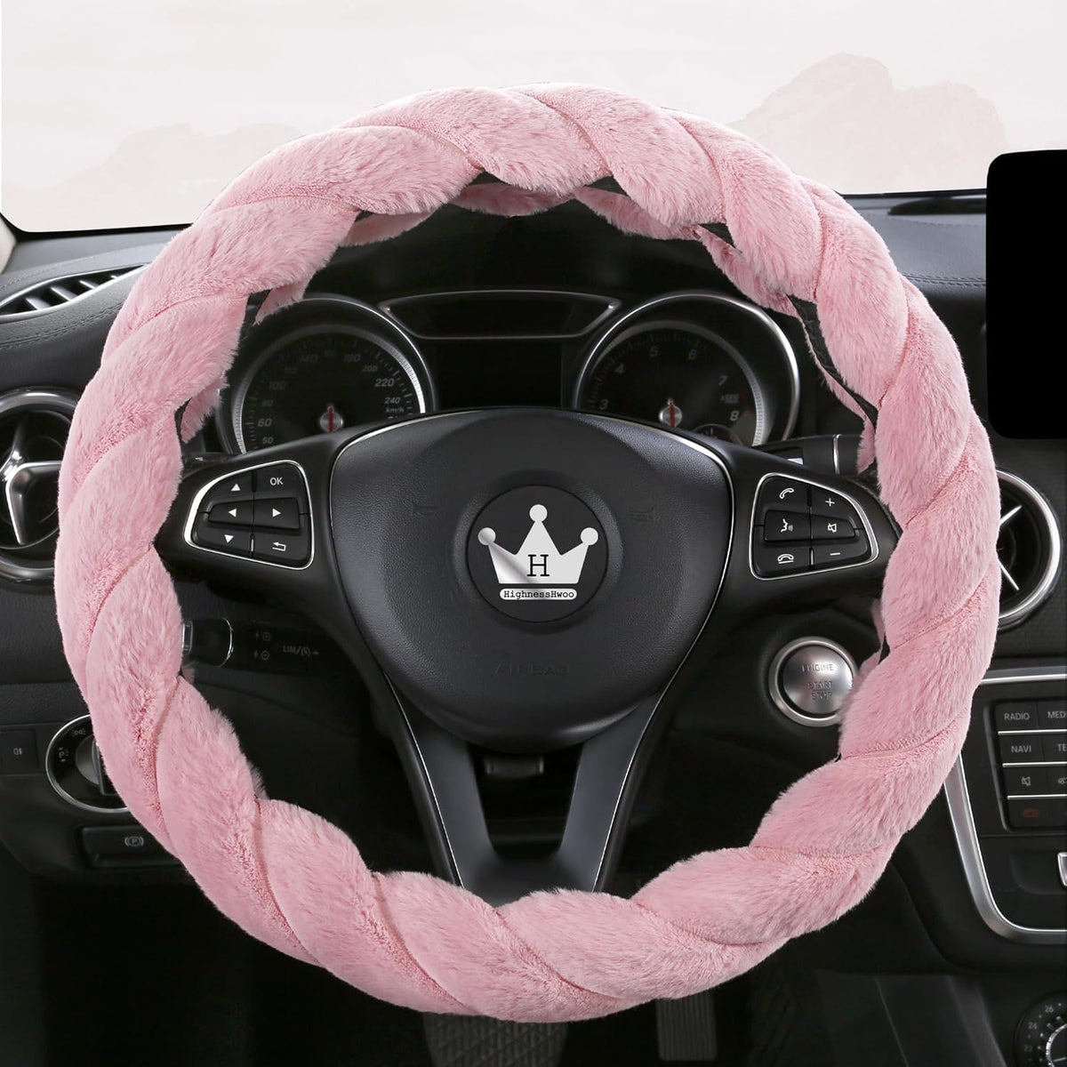 Luxury Fluffy Winter Car Steering Wheel Cover for Women Soft Warm Plush Cute Auto Accessories for Vehicle, Sedan, Universal, Fuzzy, Anti Slip, Pink, Standard Size, 14.75-15.15"