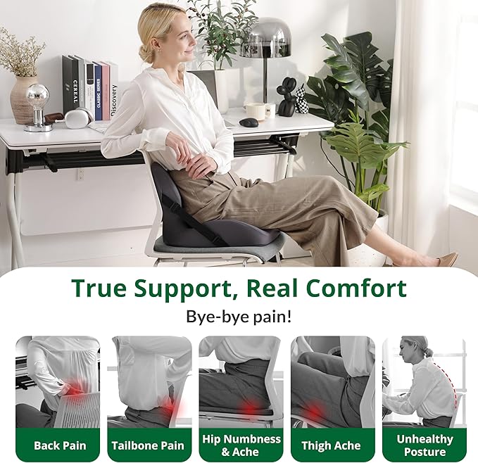 One-Piece Memory Foam Seat & Back Cushion - Lumbar Support, Adjustable Strap, Non-Slip Bottom - Breathable Removable Cover for Office Chair, Car, Truck (Grey)