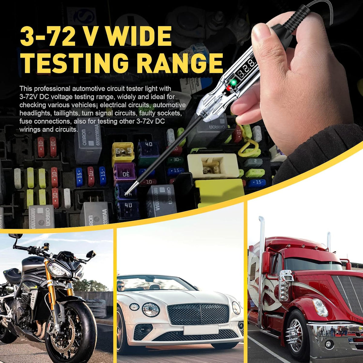 Upgraded Buzzer Automotive Test Light, DC 3-72V Heavy Duty Digital LED Circuit Tester with Voltmeter & Dual Color Polarity Indicate Light, Bidirectional Auto Voltage Tester Electric Light Test Pen
