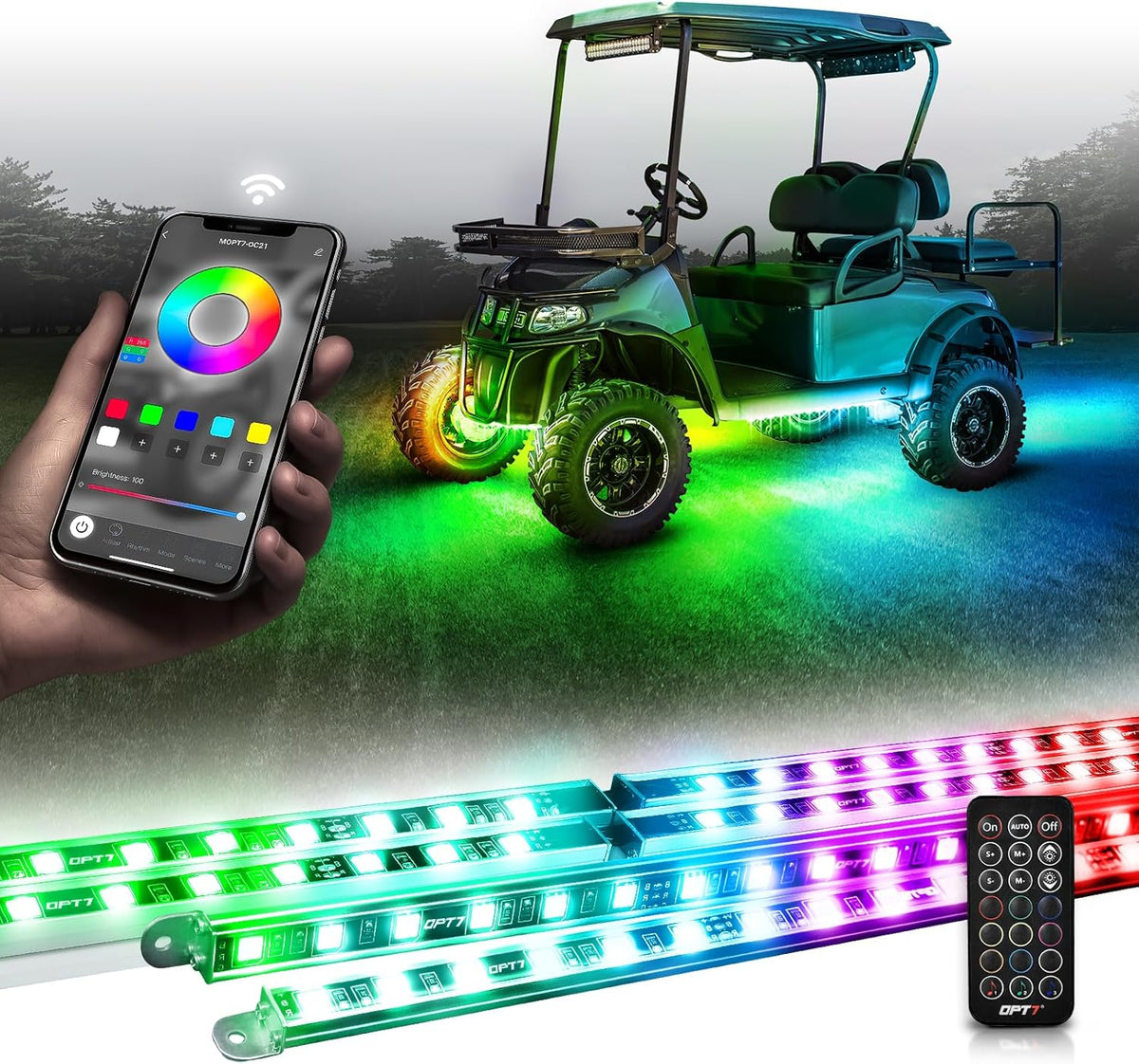 OPT7 Aura DreamColor Underglow Chasing Lights for Golf Cart w/APP & Remote Control, Waterproof Rigid Aluminum Light Bar, Decorative RGB-IC Car LED Lighting Kit, EZGO Yamaha Club Car Universal Fit