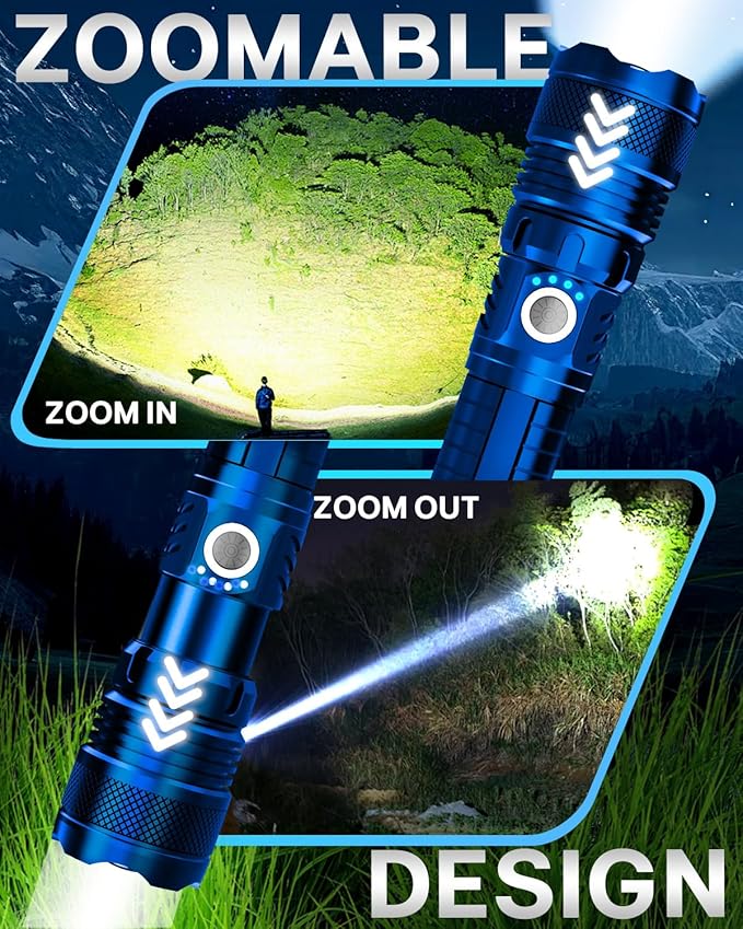 Victoper Blue LED Flashlights, High Powered High Lumens Super Bright Tactical Flashlight, Rechargeable, 5 Modes Zoomable Waterproof Flash Lights for Emergency, Outdoor, Home, Camping, Hiking