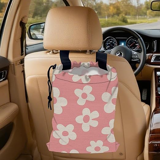 Pink Groovy Flowers Car Garbage Bag, Small Car Trash Bag Hanging,Drawstring Car Garbage Bag with Adjustable Buckle for Car Back Seat,SUVs,Camping,Road Trips