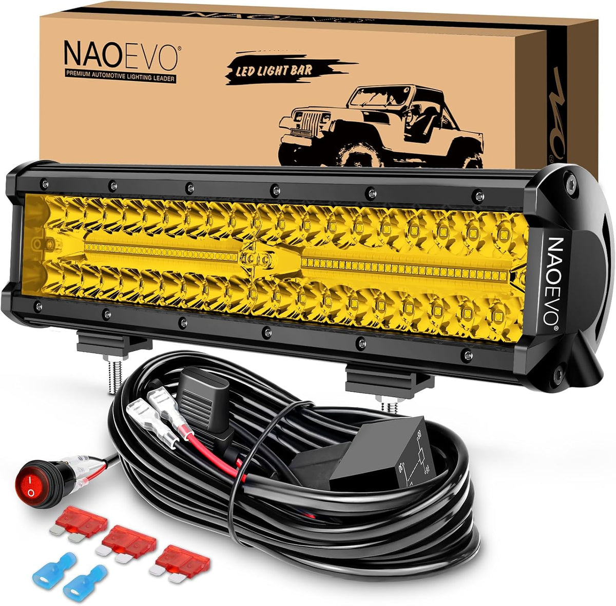 NAOEVO 12 Inch LED Light Bar, 300W 30000LM LED Offroad/Driving/Fog Lights with Wiring Harness Kit, Spot Flood Work Lights for Truck UTV ATV Golf Cart Boat, 1 Pc (Yellow)