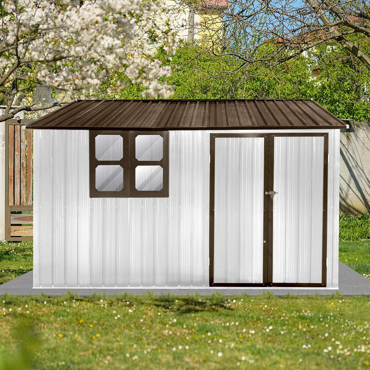 8x10 FT Outdoor Storage Shed, Metal Garden Shed with 4-pane Window, Outside Tool Shed with Lockable Hinged Doors & 4 Air Vents, Waterproof Storage Building for Backyard, Patio, Lawn, White+Coffee