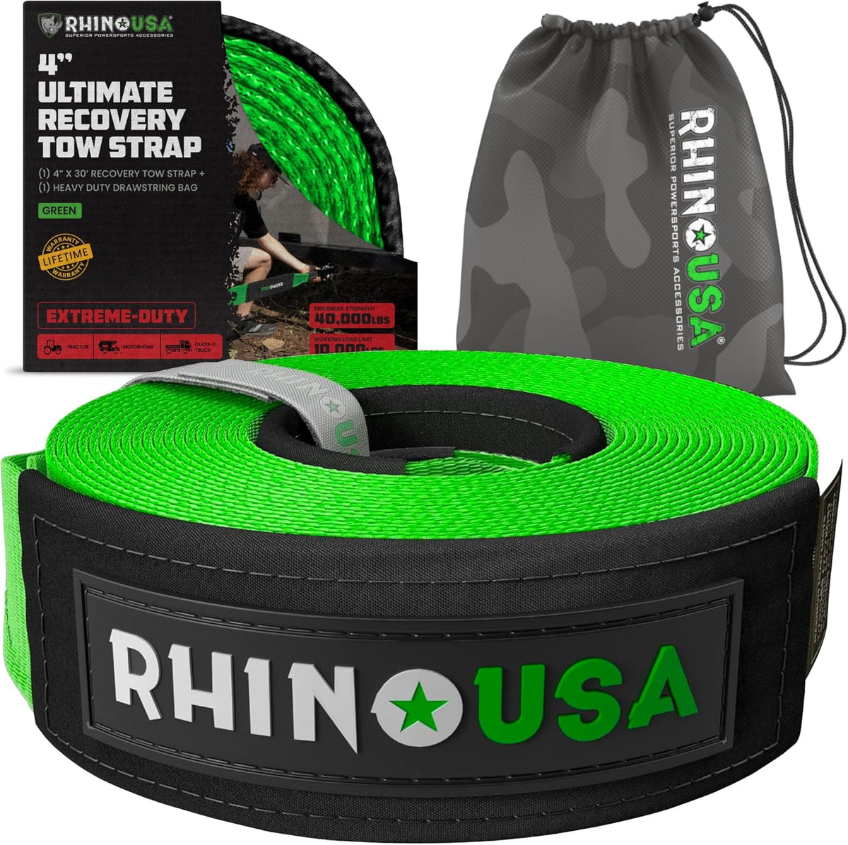 Rhino USA Recovery Tow Strap (4" x 30') - 40,320lb Break Strength - Emergency Recovery Strap Tow Rope for Diesel Trucks, Backhoe, Excavators & More - Heavy Duty Towing Strap for Offroad 4x4 Use