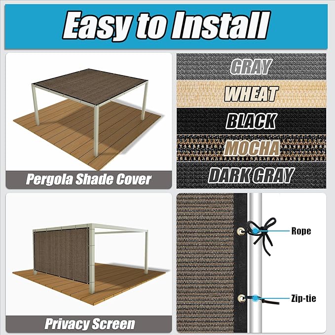 Amagenix 90% Shade Fabric 18'X 21' Mocha Sun Shade Cloth with Grommets for Pergola Replacement Shade Cover Canopy, Heavy Duty, Cable Zip Ties Included (We Customized)