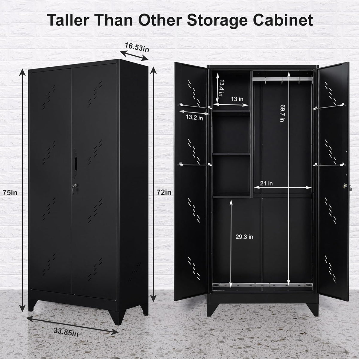 75" Taller Metal Garage Storage Cabinet,Tool Chest, Large Office Storage Cabinet with Lock Doors, Stainless Steel Bottom Plate with Holes,Utility Room Organization(H75* D16.53*L33.85)(Black)
