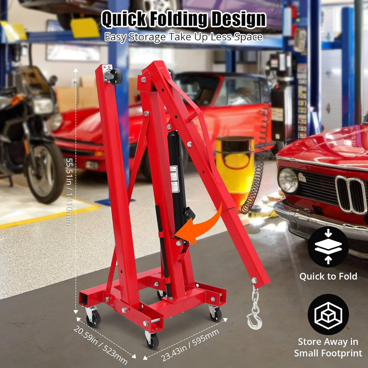2 Ton Hydraulic Engine Hoist, 4400LBS Folding Cherry Picker Engine Hoist Lift, Heavy Duty Hydraulic Shop Crane with 6 Casters & Telescopic Boom for Lifting Motor, Garage, Workshop and Factory