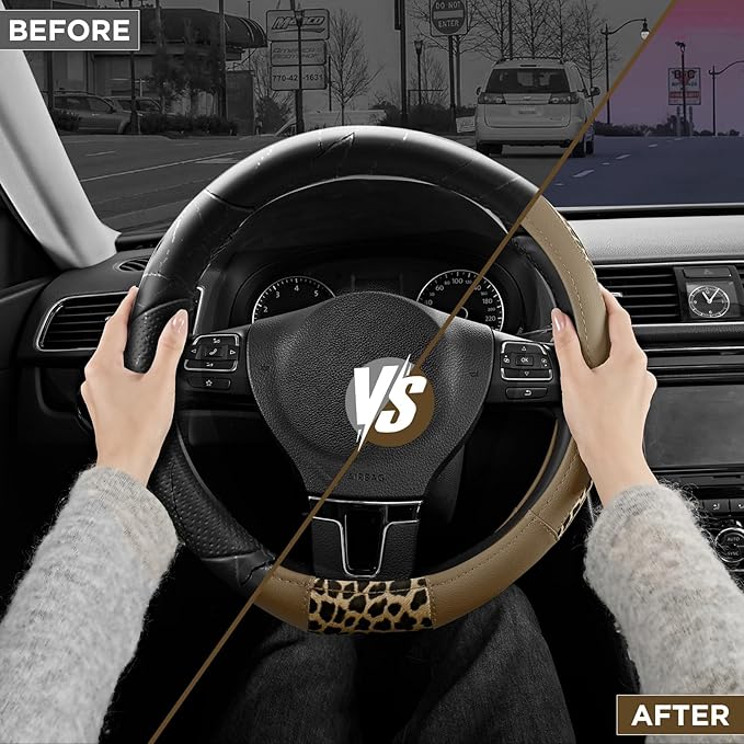Road Comforts D-Type Steering Wheel Cover - Made with PVC Leather and Leopard Fabric - Universal Fit for 15-Inch D-Shaped Automotive Steering Wheels (Beige Color)