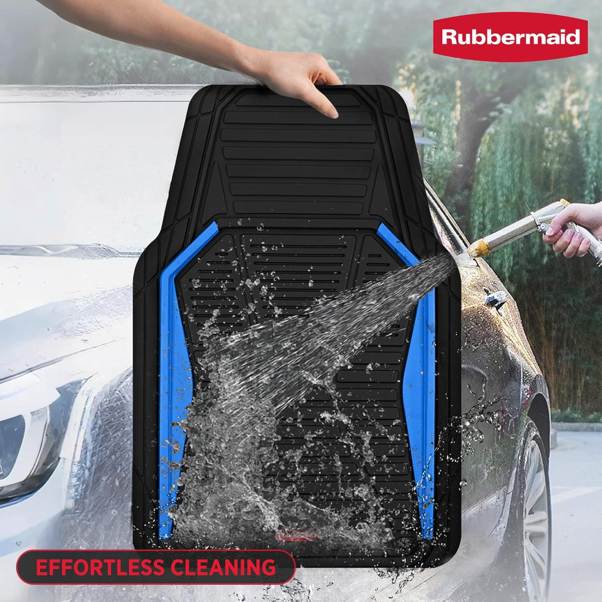 Rubbermaid Car Mat Full Set All-Weather Heavy-Duty 4 Pieces– Trim-to-Fit Universal Car Mats Full Set – Waterproof Rubber Floor Liners for Most Trucks, SUVs, Vans, and Sedans-Blue