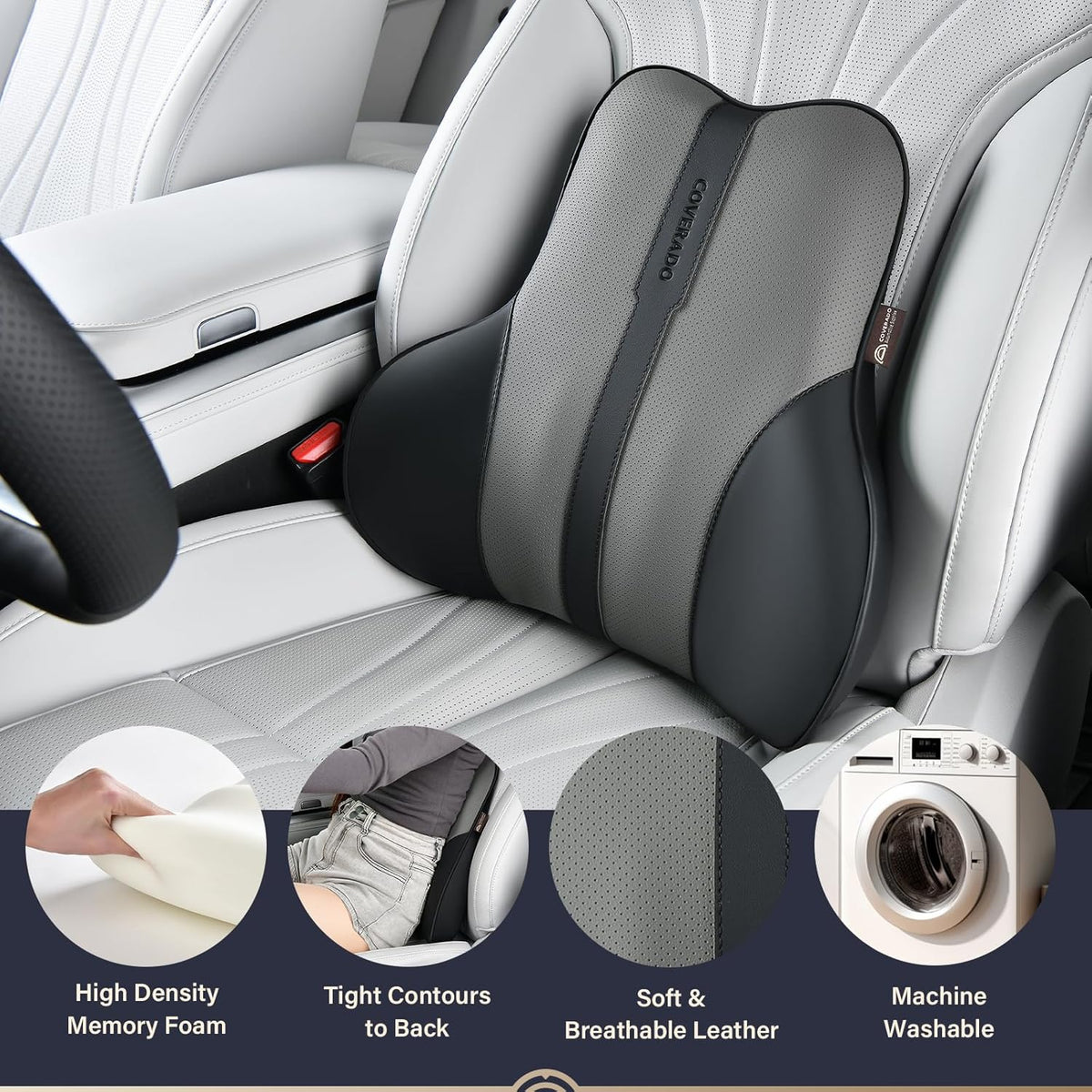 Coverado Lumbar Support Pillow for Car, Ergonomic Memory Foam Back Pillow for Office Chair, Back Cushion for Back Pain Relief, PU Leather Car Lumbar Support for Driving Seat - Black&Gray